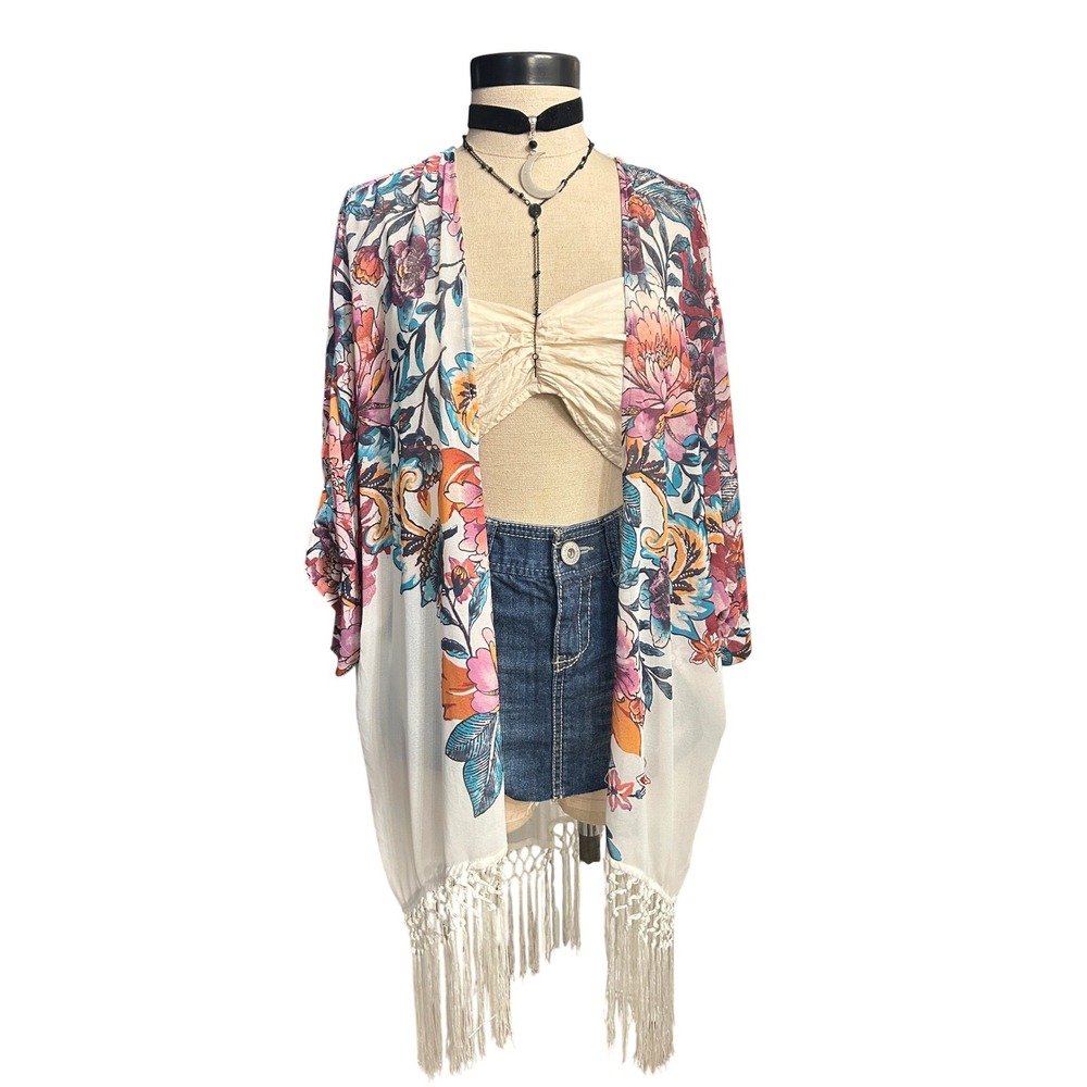 White Floral Duster MED/Large Boho Beach Summer Tassel Trim